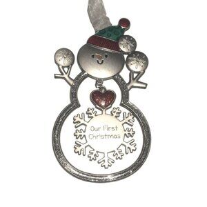 "Our First Christmas" Enameled Silver Metal Snowman Ornament With Ribbon 3" Gift